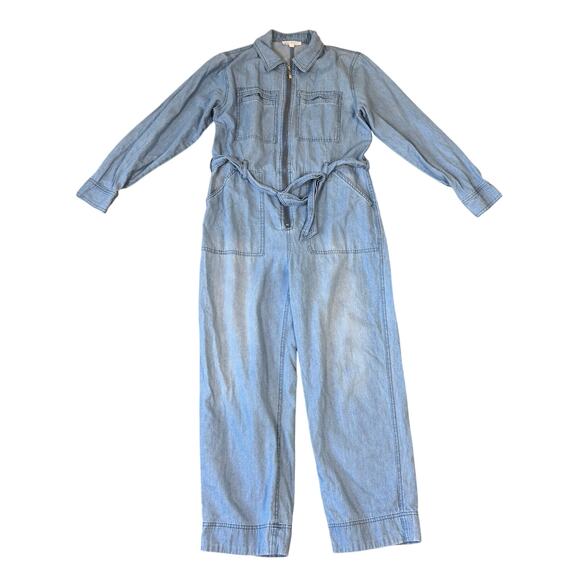 Indigo Thread Co Straight Leg Belted Cotton Denim Jumpsuit US Women's M - Picture 1 of 8